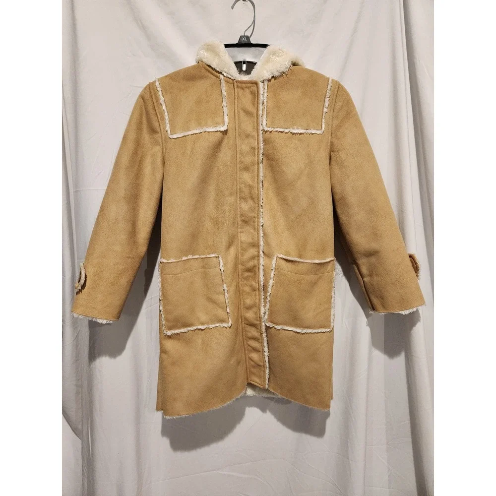 Y2K Gap Tan Faux Suede Hooded Coat Faux Fur Lined Tan Brown Medium 7-8